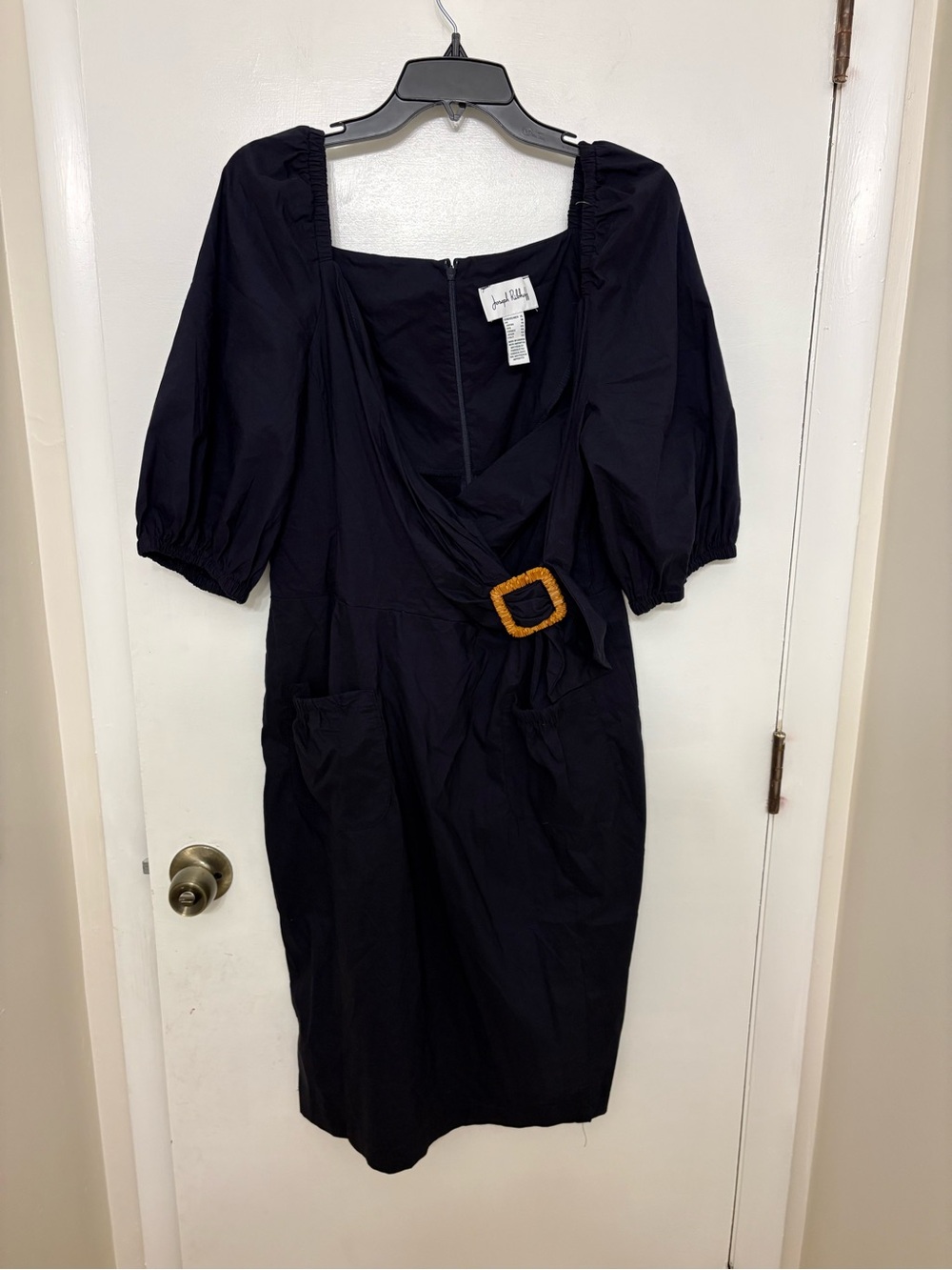 Joseph Ribkoff Square Neck Puff Sleeve Buckle Midi Dress Black LBD Plus Size 16